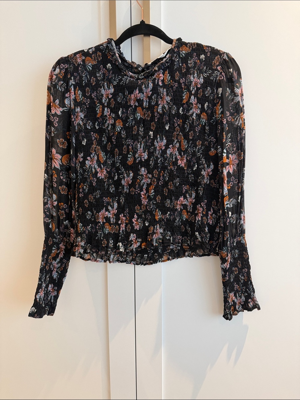 Veronica Beard Black Floral Smocked Long-Sleeve blouse